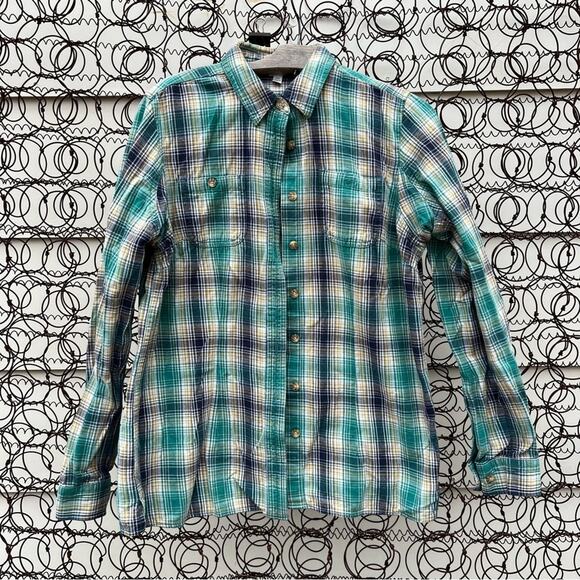 Duluth Trading Company blue green button down flannel cotton shirt - Picture 1 of 4
